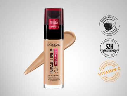 L'Oréal Paris Infallible 32H Fresh Wear Foundation, Full-coverage, Longwear, Weightless Smooth Finish, Water-proof and Transfer-proof, with Vitamin C 30ml